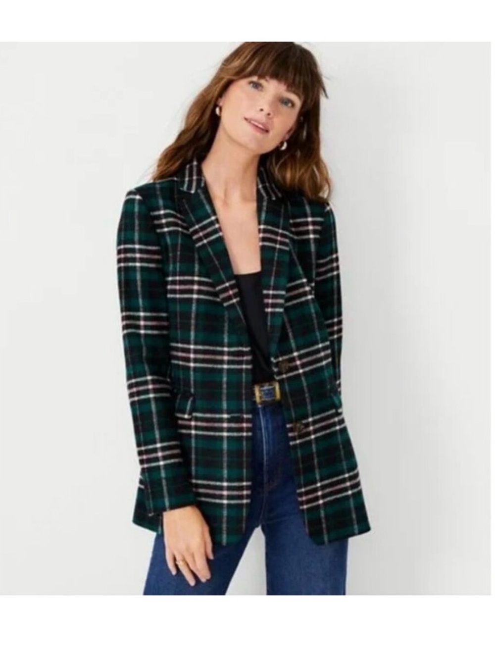 NWT Ann Taylor Greenwich Plaid Blazer Size 4 Green and Pink Plaid